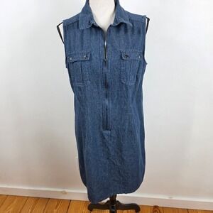 J Glee Sleeveless Denim Shift Dress Large Blue Womens Excellent Half Zip Pocket
